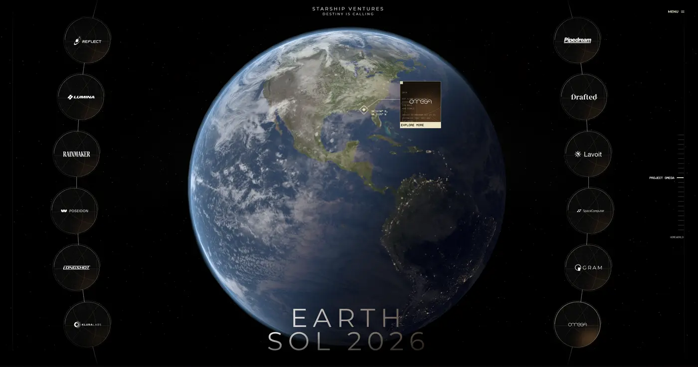 Earth globe showing Starship VC portfolio companies positioned at their geographic coordinates