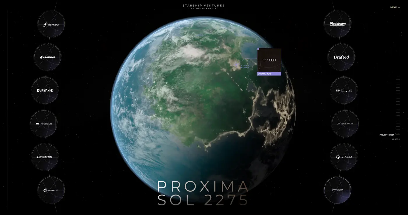 Proxima globe with portfolio companies mapped to the fictional planet's surface