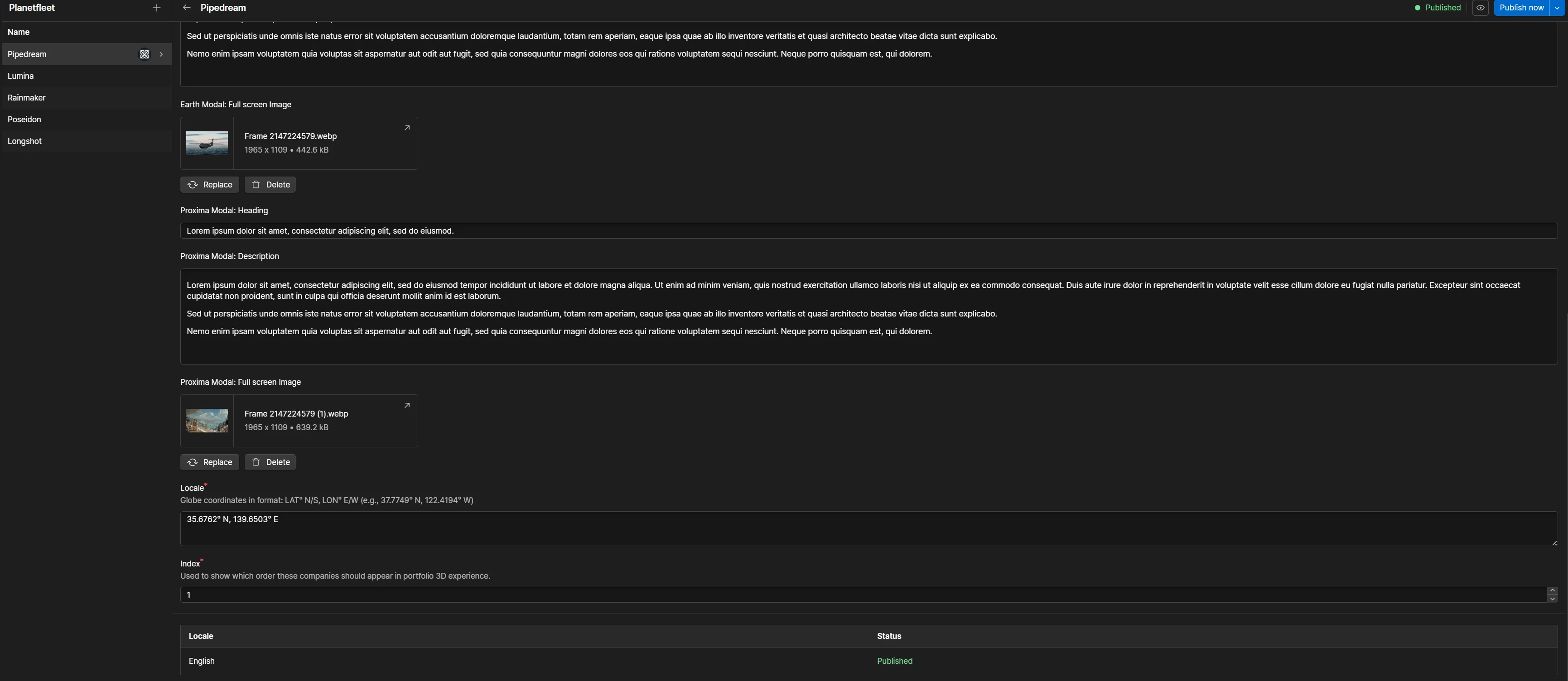 Webflow CMS powering the 3D portfolio, each company is a CMS entry with coordinates